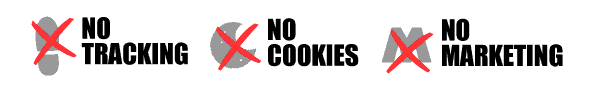 Interpage Network Service's No Tracking, No Cookie Monitoring and No Marketing Policies. Image shows an X over images of tracking, cookies and marketing, indicating that Interpage does not track, review other site cookies, or market based on visits to its web site.